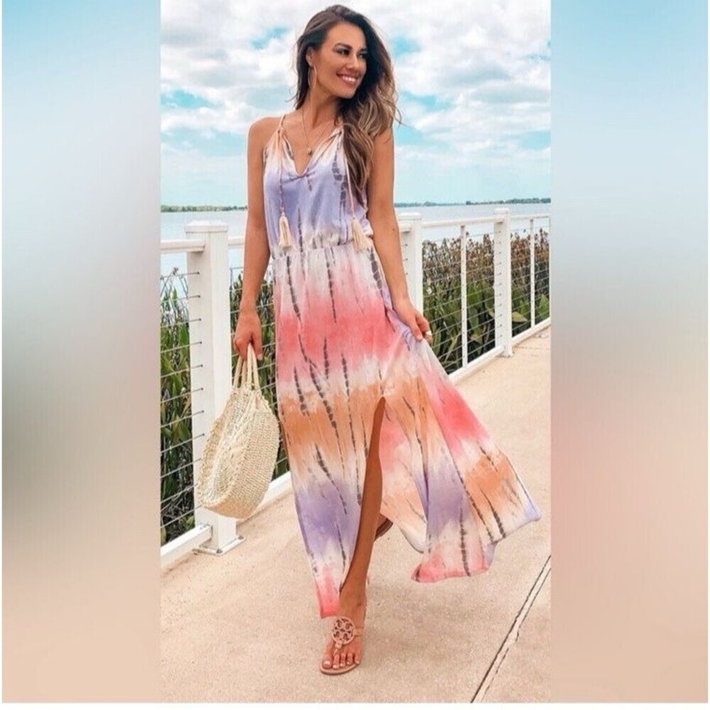 Venus‎ Tie-Dye Maxi Dress Small Pink Orange Purple Tassel Boho Beachy Vibes